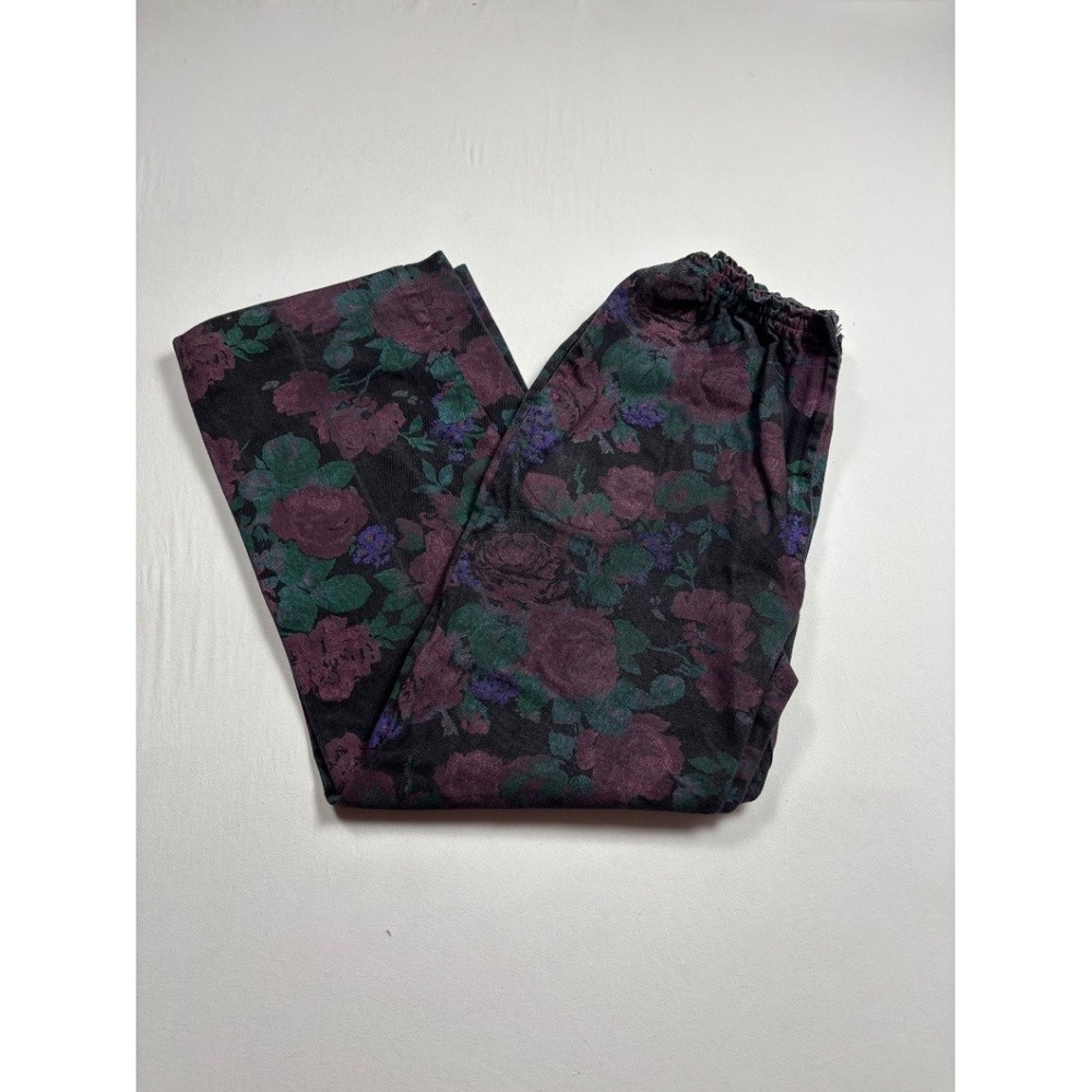 Vintage Women's Floral Wide Leg Lounge Pants Black Rose Print Elastic Waist